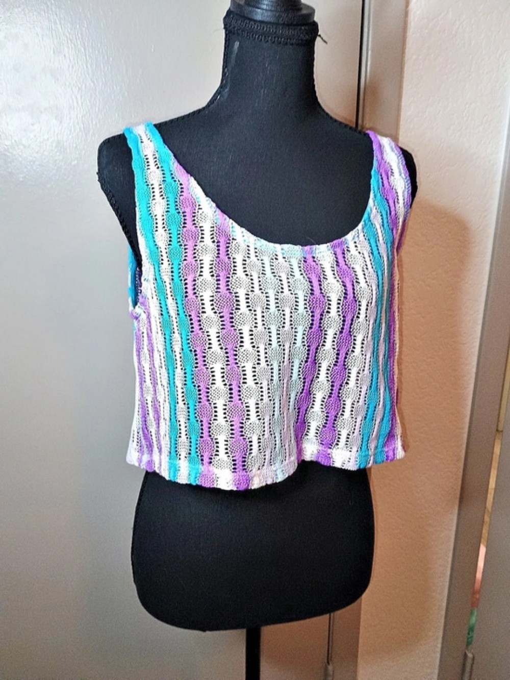 Wild Fable Crochet Knit Striped Crop Tank Top Purple & Blue